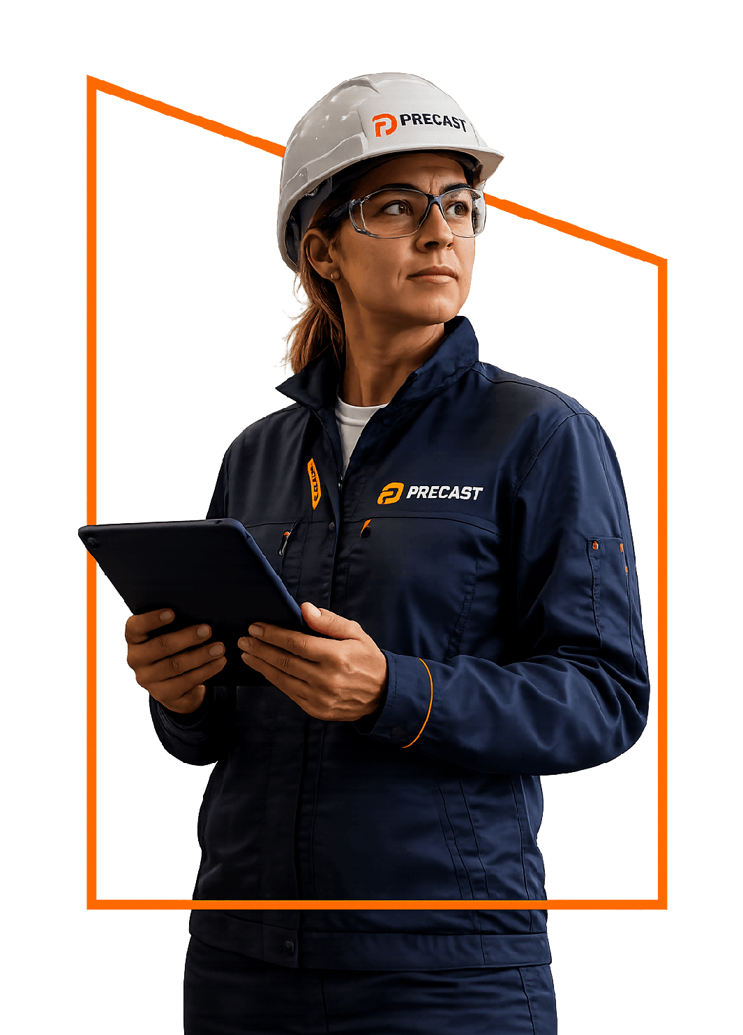 Gestora industrial usando tablet em fábrica de pré-moldados